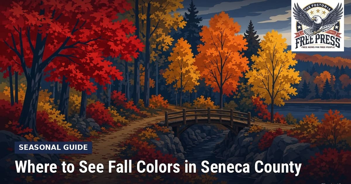 Fostoria News Seasonal guide image showing vibrant fall foliage by the river with a small bridge.